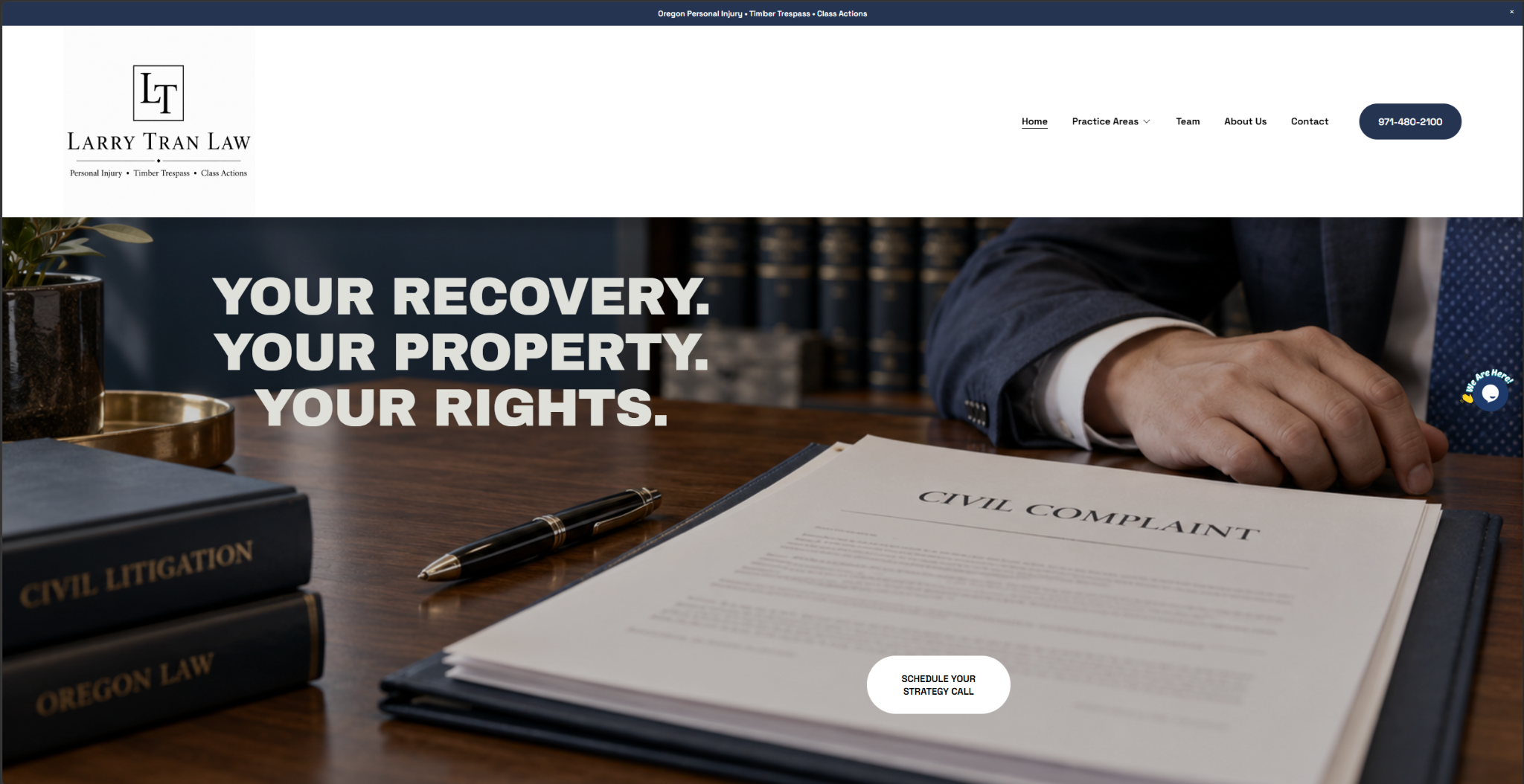 Larry Tran Law homepage, with a navy and white design and the headline Your Recovery. Your Property. Your Rights.